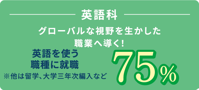 英語科 グローバルな視野を生かした職業へ導く! 英語を使う職種に就職72.2% ※他は留学、大学三年次編入など